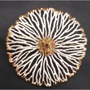 Vintage 1970s Signed Park Lane Large White Enamel Rhinestone Coral Flower Brooch